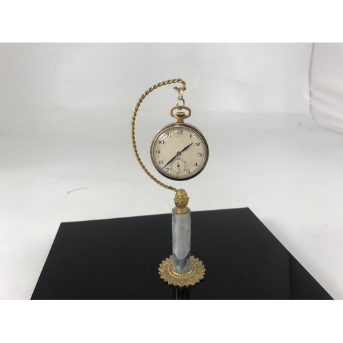 848 - A YELLOW METAL DECO STYLE CONTINENTAL POCKET WATCH WITH BLUE ENAMELLED DECORATION TO THE CASE WITH L... 