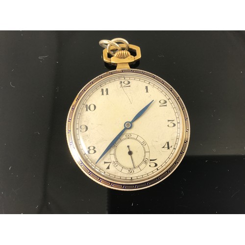 848 - A YELLOW METAL DECO STYLE CONTINENTAL POCKET WATCH WITH BLUE ENAMELLED DECORATION TO THE CASE WITH L... 