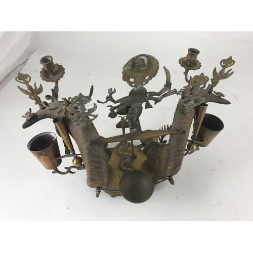 475 - AN UNUSUAL ANGLO INDIAN BRASS AND RAMS HORN DESK STAND WITH INK WELLS, SERVANTS BELLS, CANDLESTICKS ... 