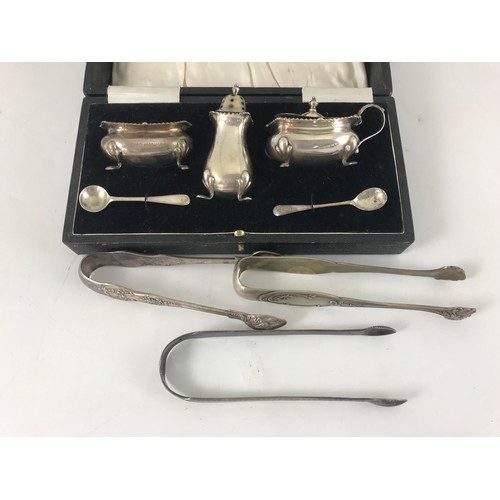 597 - CASED SILVER CRUET SET TOGETHER WITH 3 PAIRS OF TONGS 110g Silver