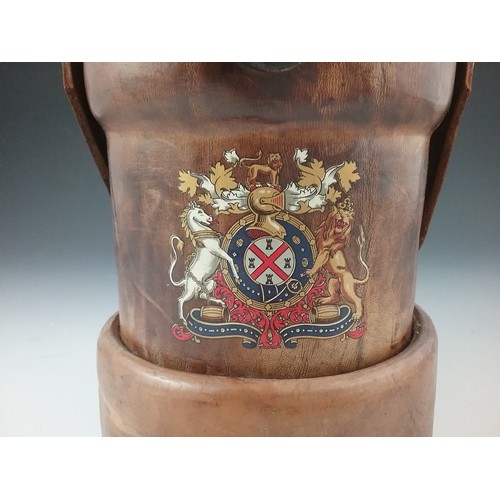 208 - LEATHER SHELL CARRIER MADE BY BH&G LTD 8-1944 DECORATED WITH ARMORIAL CREST