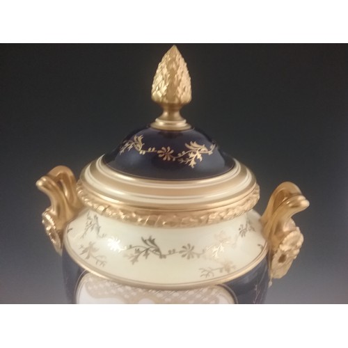 345 - PAIR OF IMPRESSIVE COALPORT URN SHAPED VASES WITH COVERS ON PEDESTAL STANDS APPROX  42CM TALL