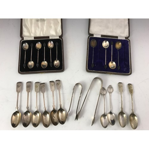 662 - CASED SET OF 6 SILVER COFFEE SPOONS, 1 OTHER PART SET, VARIOUS OTHER SILVER SPOONS AND TONGS 240g