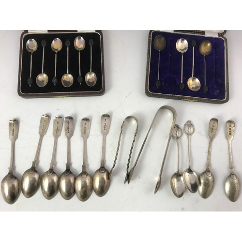 662 - CASED SET OF 6 SILVER COFFEE SPOONS, 1 OTHER PART SET, VARIOUS OTHER SILVER SPOONS AND TONGS 240g