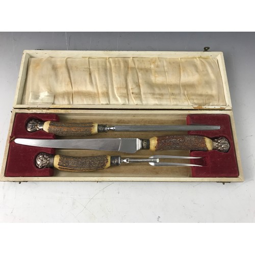 624 - ANTLER HANDLED CARVING SET AND SET OF 12 APOSTLE SPOONS