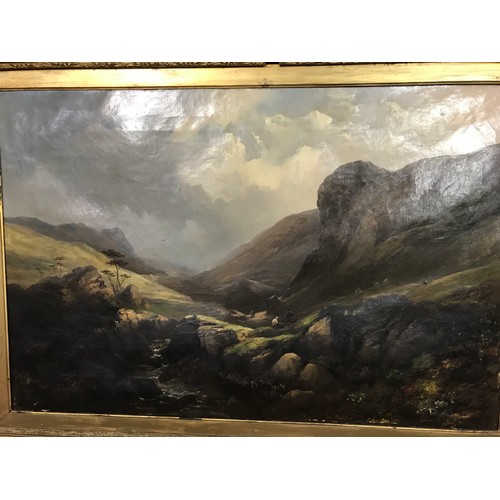 37 - OIL ON CANVAS IN GOOD QUALITY ORNATE FRAME DEPICTING A WELL EXECUTED HIGHLAND MOUNTAIN SCENE WITH FI... 