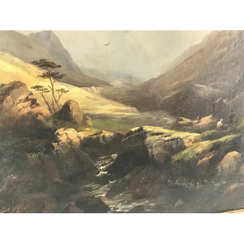 37 - OIL ON CANVAS IN GOOD QUALITY ORNATE FRAME DEPICTING A WELL EXECUTED HIGHLAND MOUNTAIN SCENE WITH FI... 