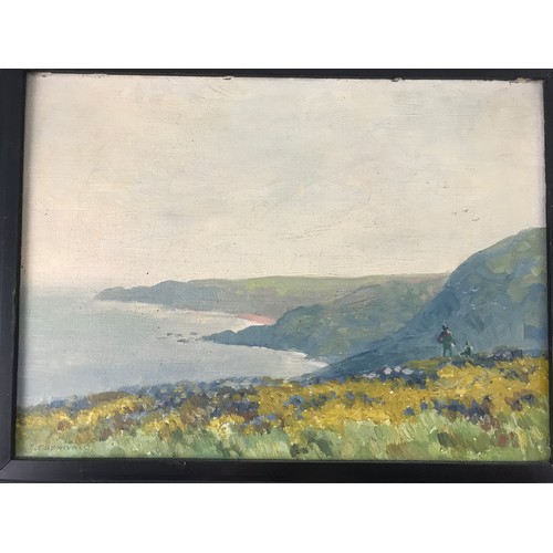 29 - FRANK FURNIVALL, SMALL OIL ON PANEL DEPICTING HEADLAND SCENE, APPROX. 34 X 25 cm