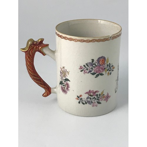 306 - LATE 18TH CENTURY CHINESE ARMORIAL TEA POT AND TANKARD WITH DRAGON HANDLE, AF, THE COAT OF ARMS IS B... 