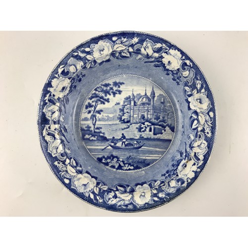 338 - DAVENPORT DISH DECORATED WITH DOMED AND TURRETED BUILDING AND BOAT SCENE APPROX. 27 cms DIAMETER AND... 