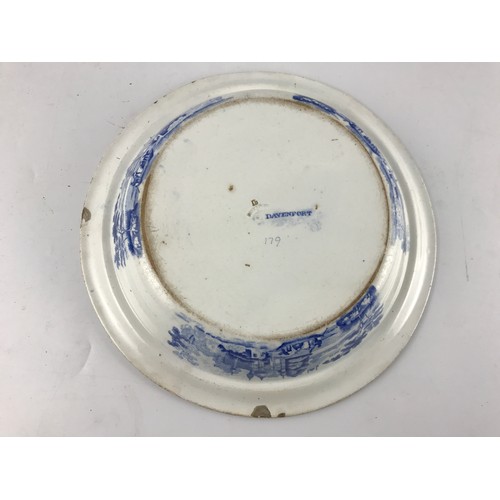 338 - DAVENPORT DISH DECORATED WITH DOMED AND TURRETED BUILDING AND BOAT SCENE APPROX. 27 cms DIAMETER AND... 