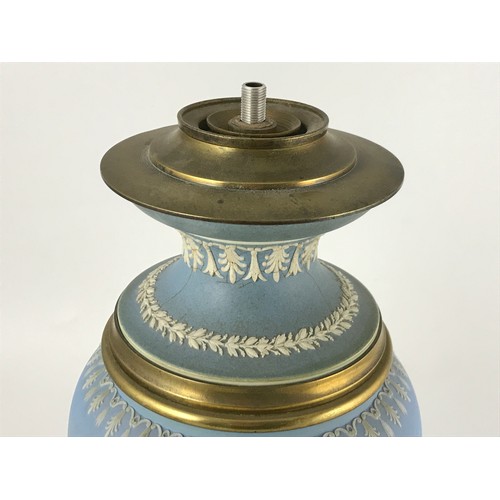 346 - LATE 19TH CENTURY, WEDGWOOD TYPE, BLUE JASPER WARE LAMP BASE DECORATED WITH A 'DANCING HOURS' TYPE S... 