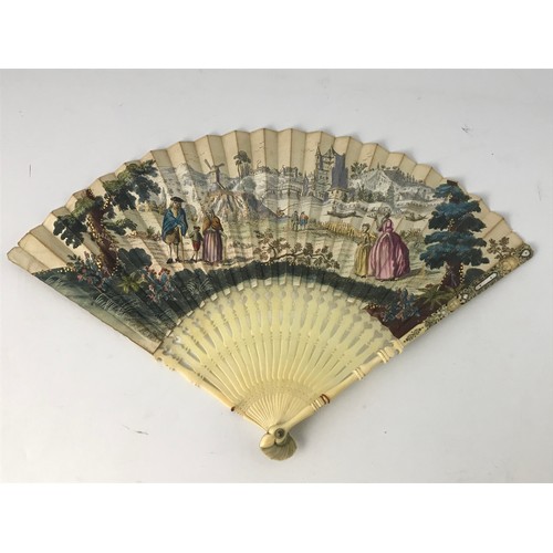 800 - CONTINENTAL PAINTED PAPER FAN LATE 19TH CENTURY DETAILED WITH A COUNTRYSIDE AND RIVER SCENE HAVING M... 