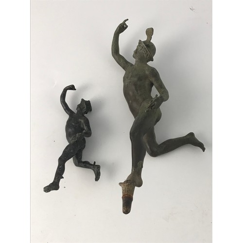 521 - 2 CAST METAL FIGURES OF MERCURY BOTH MISSING A PLINTH, APPROX. 26 cms AND 14 cms