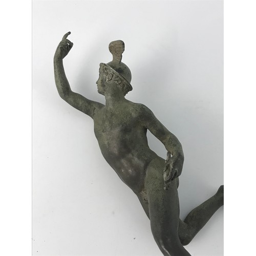 521 - 2 CAST METAL FIGURES OF MERCURY BOTH MISSING A PLINTH, APPROX. 26 cms AND 14 cms