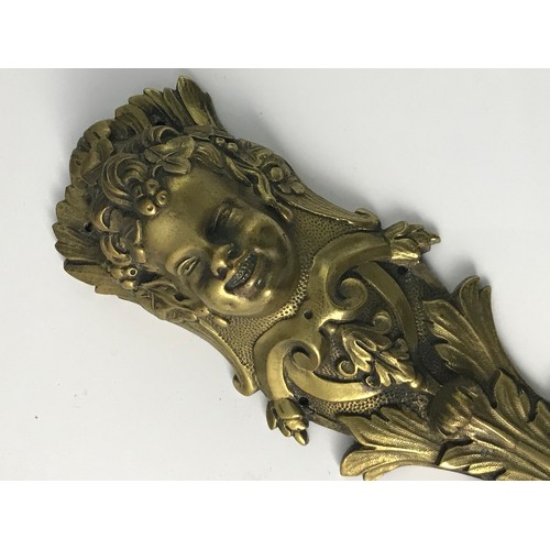 523 - PAIR OF VERY IMPRESSIVE CAST GILT METAL DECORATIVE MOUNTS WITH CHERUB AND ACANTHUS LEAF DECORATION E... 