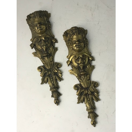 523 - PAIR OF VERY IMPRESSIVE CAST GILT METAL DECORATIVE MOUNTS WITH CHERUB AND ACANTHUS LEAF DECORATION E... 