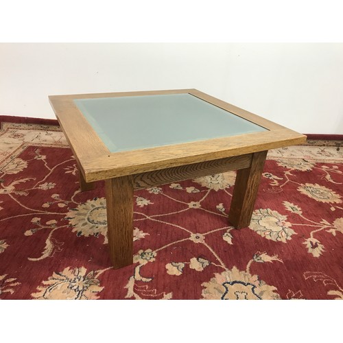 197 - SQUARE OAK  COFFEE TABLE WITH GLASS TOP 75CM, 43CM TALL