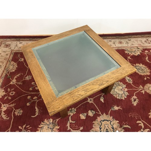 197 - SQUARE OAK  COFFEE TABLE WITH GLASS TOP 75CM, 43CM TALL