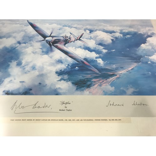 64 - MILITARY PRINT : SPITFIRE BY ROBERT TAYLOR PRINT, SIGNED IN PENCIL SIR DOUGLAS BADER & AIR VICE MARS... 