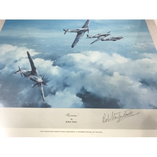 66 - AVIATION PRINT HURRICANE BY ROBERT TAYLOR, SIGNED IN MARGIN BOB STANFORD-TUCK