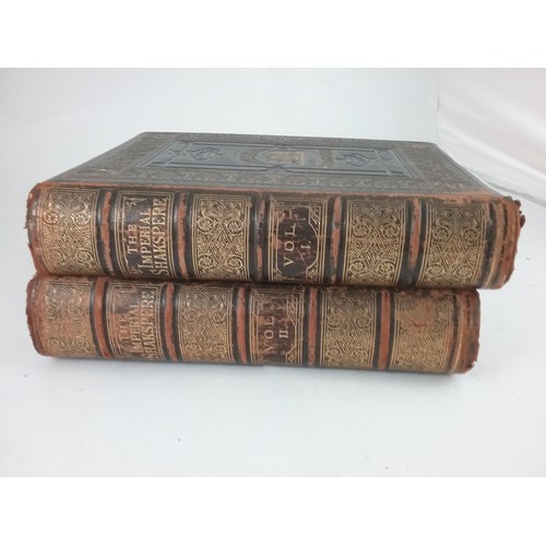 224 - 2, RED MOROCCO BOUND VOLUMES 'THE WORKS OF SHAKESPEARE' IMPERIAL EDITION, EDITED BY CHARLES KNIGHT, ... 