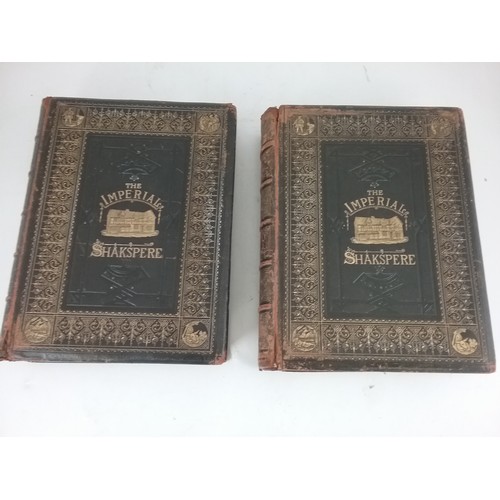 224 - 2, RED MOROCCO BOUND VOLUMES 'THE WORKS OF SHAKESPEARE' IMPERIAL EDITION, EDITED BY CHARLES KNIGHT, ... 