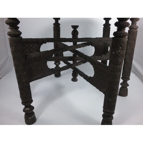 95 - INDIAN BRASS TRAY TOP TABLE WITH CARVED WOODEN FOLDING BASE TRAY TOP APPROX. 76 cms DIAMETER