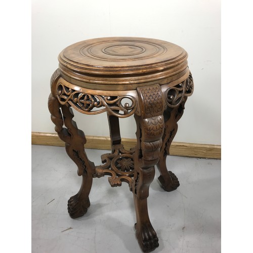 94 - ORIENTAL TABLE WITH ROUND TOP ON 4 LION PAW FEET 42 cm dia & 79cm tall