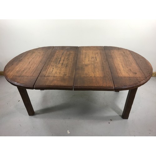 64 - OAK ROUND TOP DINING TABLE ON SQUARE LEGS WITH 2 LEAVES 185cm long