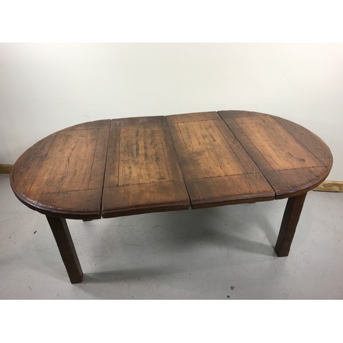 64 - OAK ROUND TOP DINING TABLE ON SQUARE LEGS WITH 2 LEAVES 185cm long