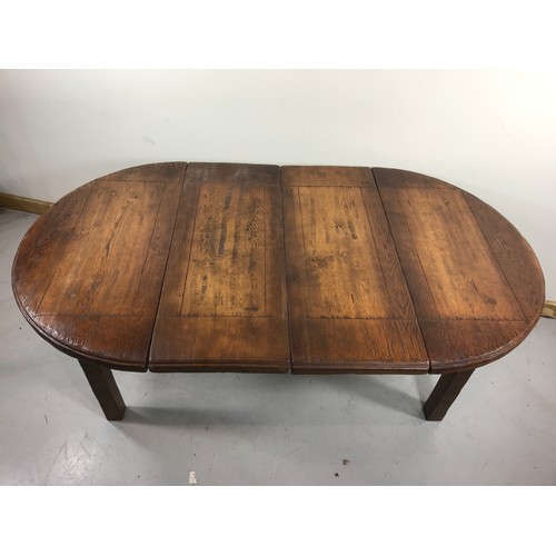 64 - OAK ROUND TOP DINING TABLE ON SQUARE LEGS WITH 2 LEAVES 185cm long