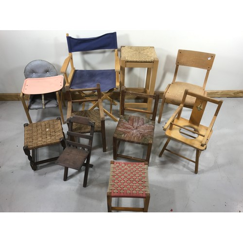 65 - COLLECTION OF RUSH SEATED AND OTHER STOOLS, CHILDREN'S CHAIRS, ANTIQUE FOLDING CHILD'S STOOL AND A M... 