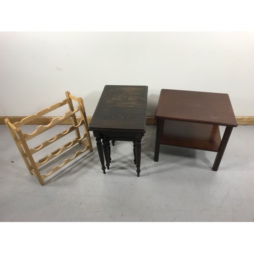 62 - NEST OF TABLES, MODERN OCCASIONAL TABLE, PINE WINE RACK