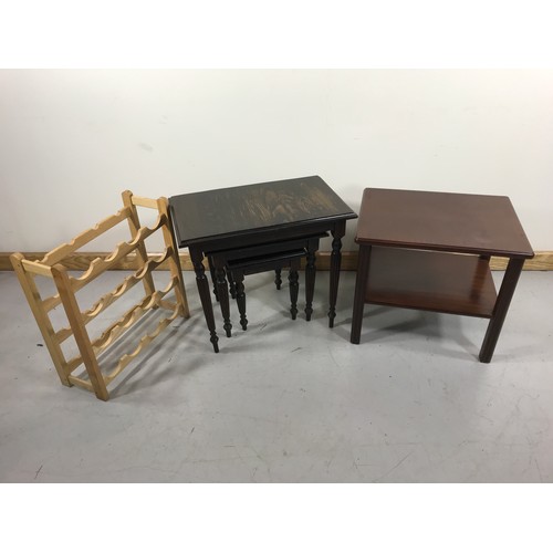 62 - NEST OF TABLES, MODERN OCCASIONAL TABLE, PINE WINE RACK