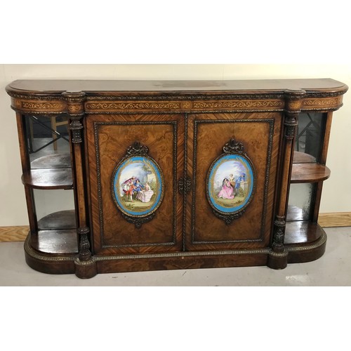 21 - MAGNIFICENT VICTORIAN WALNUT CREDENZA WITH HAND PAINTED PORCELAIN PANELS HAVING GILT METAL MOUNTS