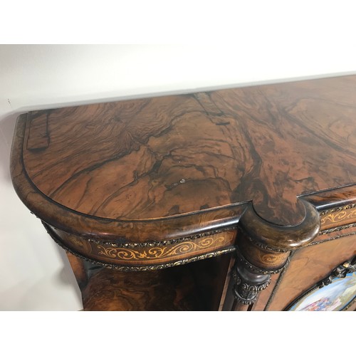 21 - MAGNIFICENT VICTORIAN WALNUT CREDENZA WITH HAND PAINTED PORCELAIN PANELS HAVING GILT METAL MOUNTS