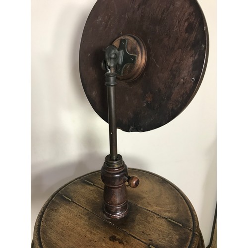 143 - SHAVING STAND ON PEDESTAL ON TRIPOD BASE AND ADJUSTABLE ROUND MIRROR