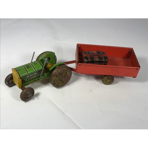 112 - METTOY PLAY THINGS GREEN TRACTOR PLUS A TRAILER AND TIN BOX