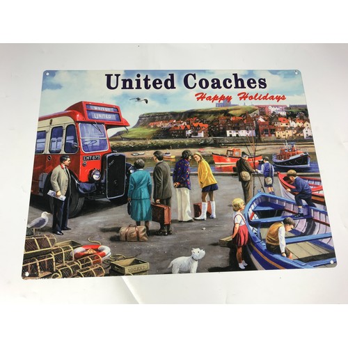 19 - MODERN REPRO TIN ADVERTISING SIGN, 'UNITED COACHES HAPPY HOLIDAYS' FEATURING A BRISTOL HALF CAB SING... 