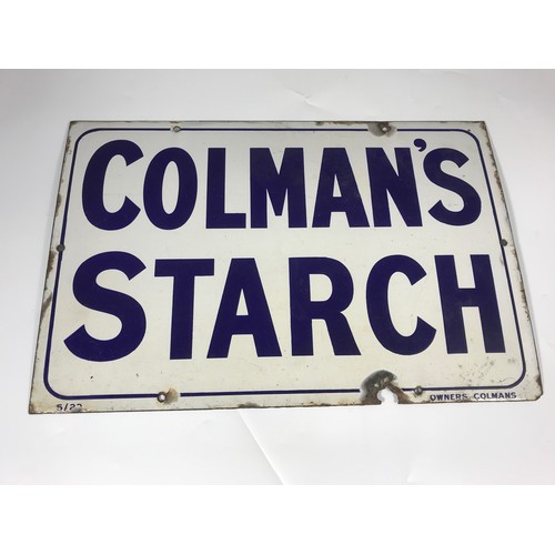 18 - ENAMEL SIGN 'COLEMAN'S STARCH' APPROX 18 INCH X 12 INCH SINGLE SIDED SOME RUST TO BOTTOM MIDDLE MARK... 