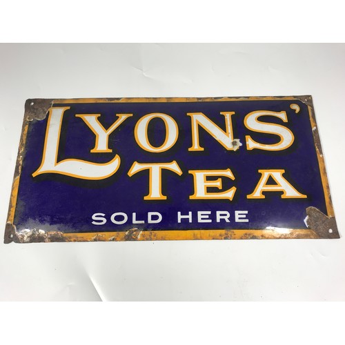 11 - ENAMEL ADVERTISING SIGN WITH BOWED FRONT LYONS' TEA SOLD HERE APPROX 19 INCH X 9.5 INCH MARKED BRUTO... 