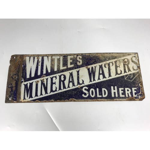 6 - ENAMEL ADVERTISING SIGN, WINTLES MINERAL WATER SOLD HERE, APPROX SIZE 14 INCH X 6 INCH PLUS THE FLAT... 