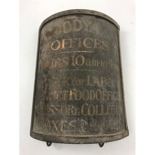 24 - UNUSUAL OLD CURVED SIGN 'J. WOODYATT, OFFICE HOURS 10AM TO 4PM, MINISTRY OF LABOUR, A DISTRICT FOOD ... 