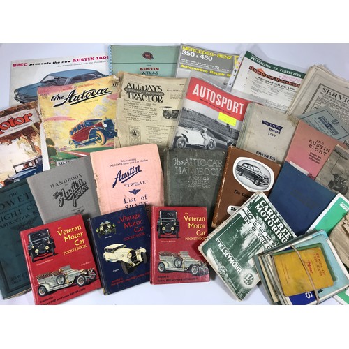 32 - 3 BOXES OF MOTORING BOOKS INCLUDING MOTOR MAGAZINE, AUSTIN AID HANDBOOKS, TRIUMPH HERALD 1200 OWNERS... 