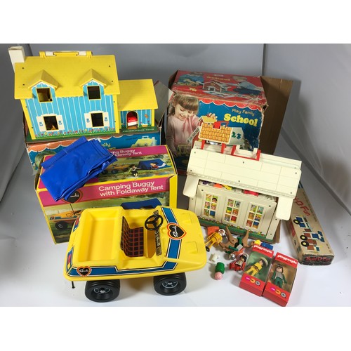 55 - FISHER PRICE PLAY FAMILY SCHOOL BUILDING, PART BOXED, PLAY FAMILY HOUSE AND A CINDY BOXED CAMPING BU... 