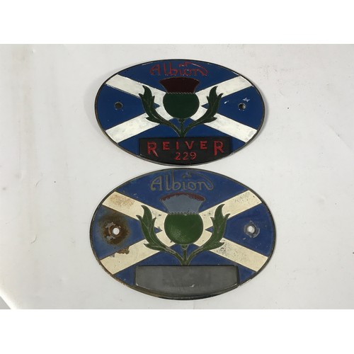 40 - ALBION VEHICLES, 2 FLAT RADIATOR BADGES, A SUPER CLYDESDALE, WORN, WITH THE SCOTTISH THISTLEAN EARLI... 