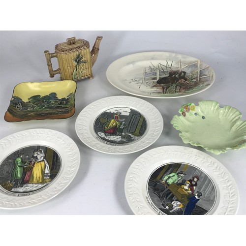 690 - MISC. CHINA AND PORCELAIN INCLUDING MAJOLICA TEA POT, DOULTON BEWICK PLATE, SERIES WARE BOWL, GARDIN... 