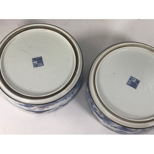 318 - PAIR OF ORIENTAL BLUE AND WHITE STRAIGHT SIDED CIRCULAR BOWLS EACH APPROX. 22 cms DIAMETER WITH HARD... 