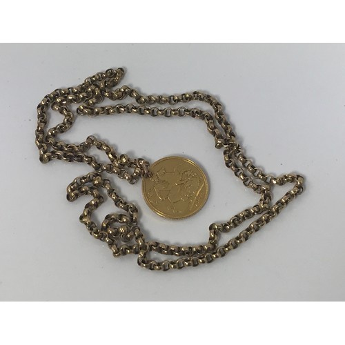 722 - 1902 SOVEREIGN (DRILLED) ON 9 CARAT GOLD NECKLACE APPROX. 16g GROSS